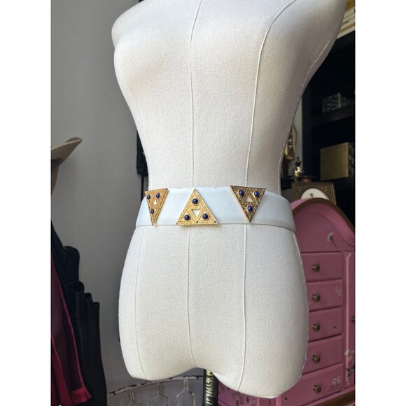 Vintage 80s Bob Mackie White Leather Belt | 1980s Gold Triangle Statement Waist - Picture 1 of 6